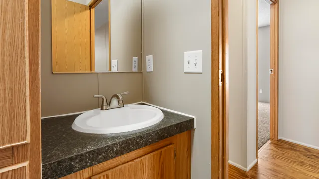a bathroom with a granite countertop sink and a mirror