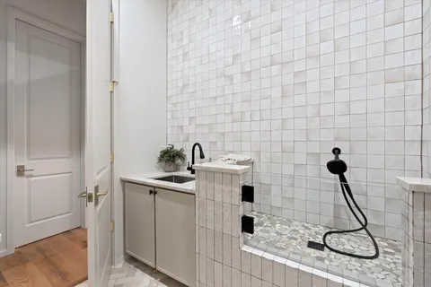 a view of a hallway with a large window