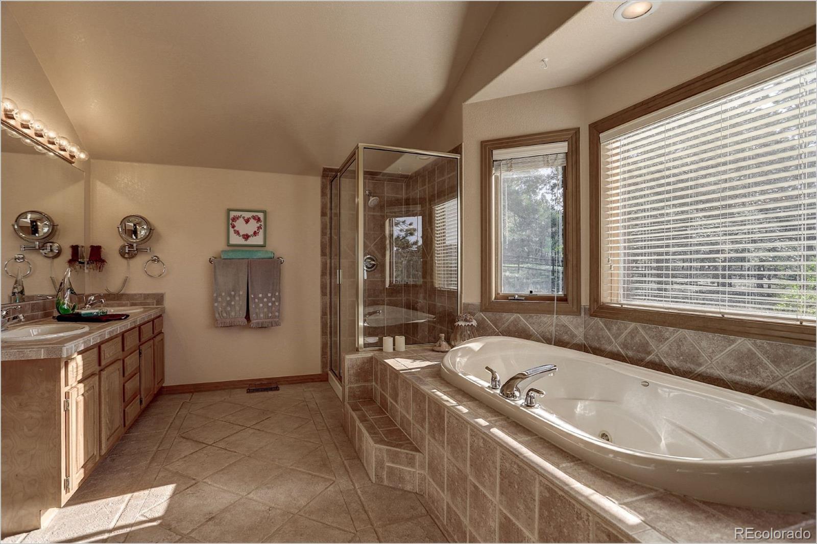 109 Royal Ridge Drive Bailey, CO 80421 - Photo 22 of 39 a spacious bathroom with a granite countertop tub sink and mirror