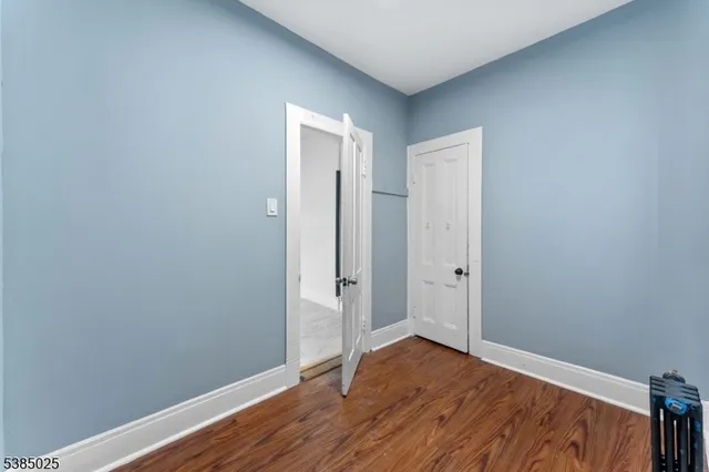 a view of wooden floor and closet in a room