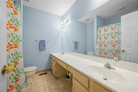 a bathroom with a sink a toilet and a shower curtain
