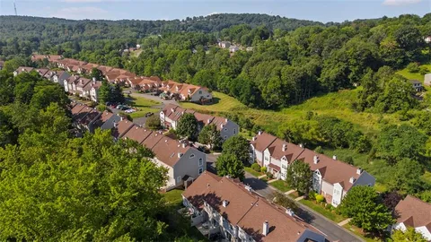 an aerial view of green landscape with trees houses and mountain view