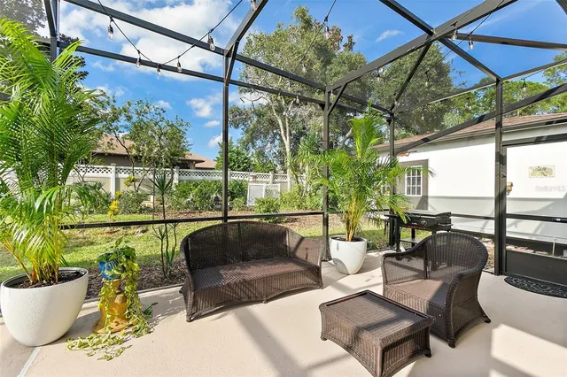 a view of swimming pool with lawn chairs and large trees