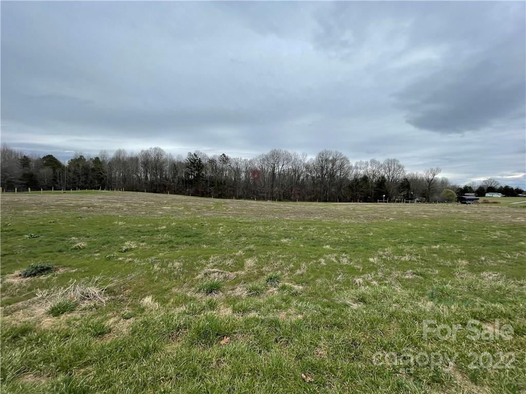a view of a field with trees in background