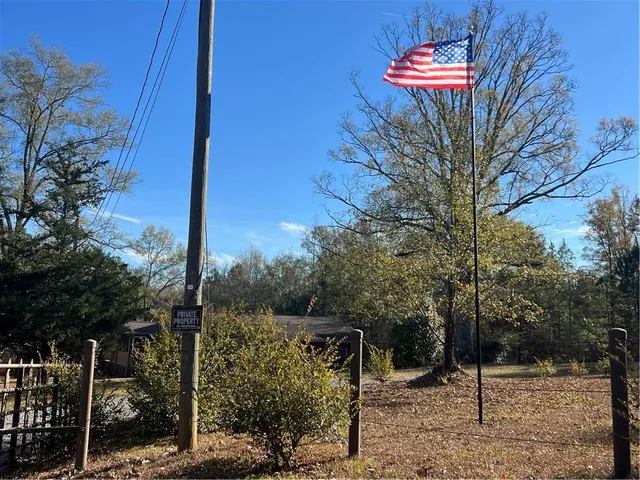 a view of a street with large trees