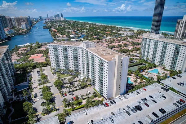 a city view with tall buildings