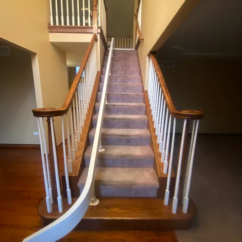 a view of staircase with wooden floor and a rug