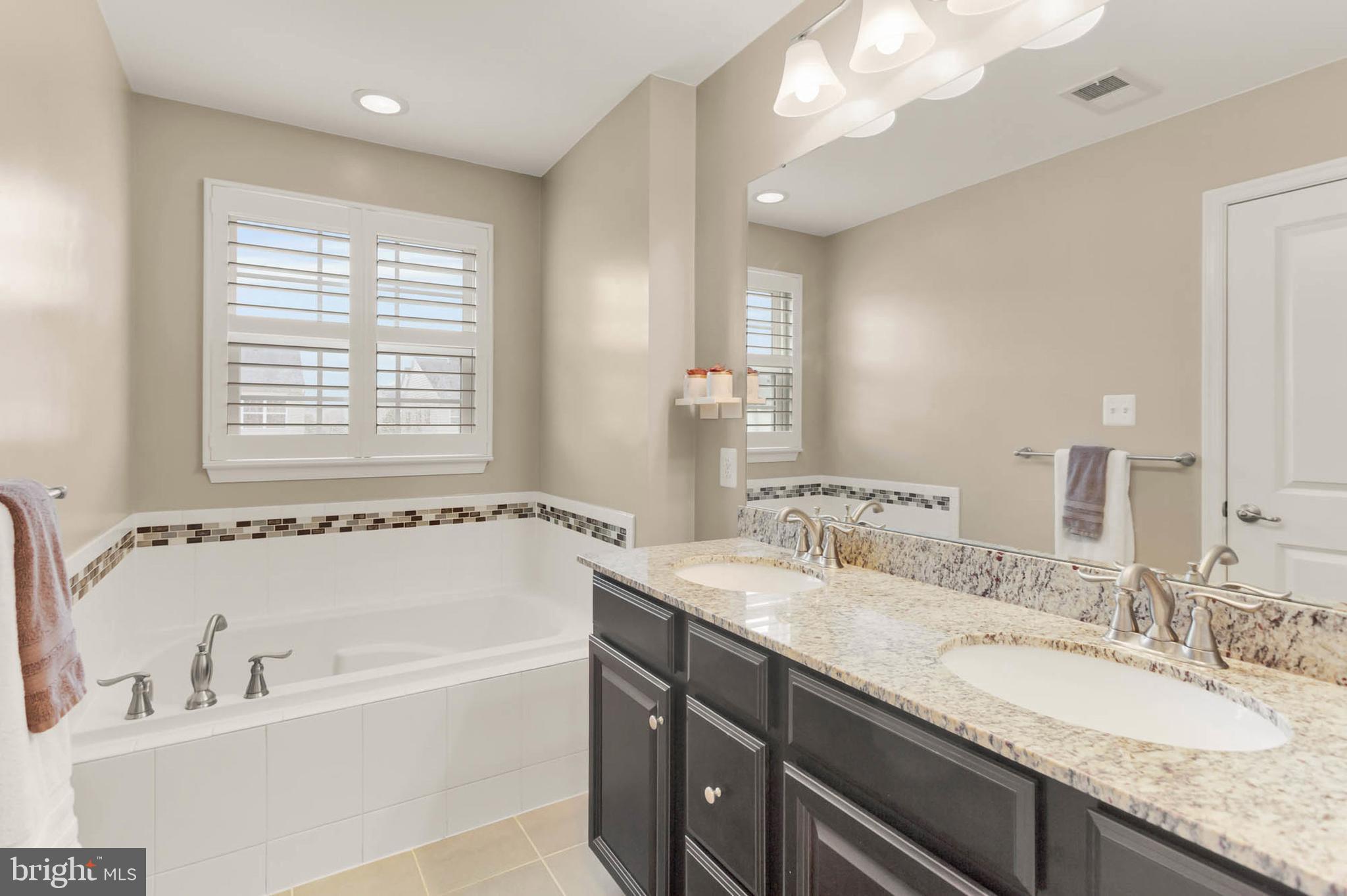 6367 Walcott Lane Frederick, MD 21703 - Photo 19 of 43 a bathroom with a granite countertop bathtub a sink and a large mirror