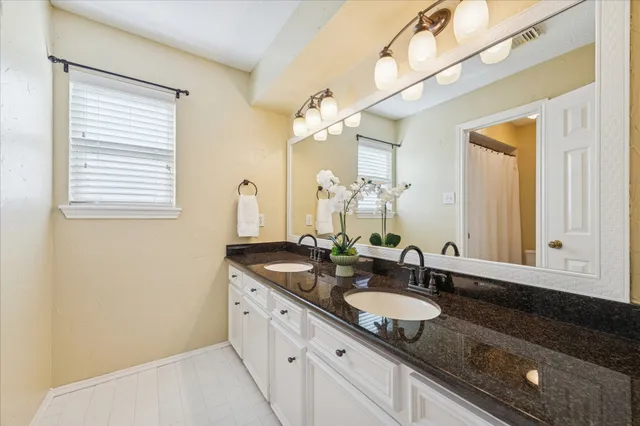 a bathroom with a granite countertop double vanity sink and a mirror