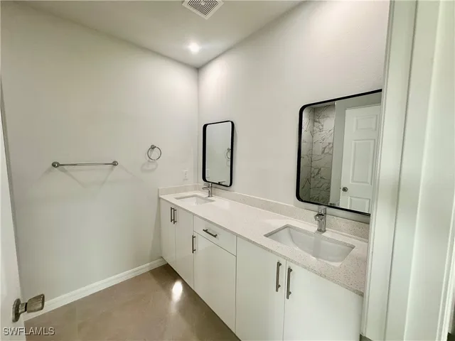 a bathroom with a sink a mirror and a shower