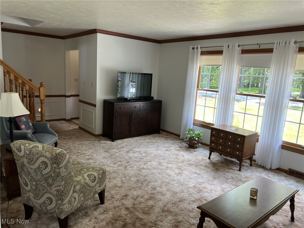 7579 McCreary Road Independence, OH 44131 - Photo 2 of 33 Living room with crown molding, a textured ceiling, carpet floors, and stairway