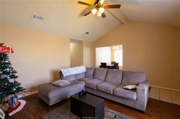 a living room with furniture and a potted plant