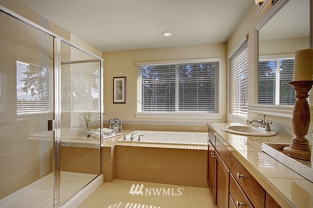 3800 227th Place Southeast Bothell, WA 98021 - Photo 14 of 20 a bathroom with a granite countertop sink and a large mirror