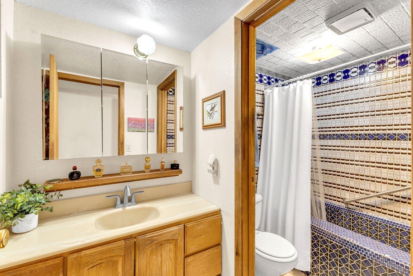26750 Saunders Meadow Road, Unit 775 Idyllwild, CA 92549 - Photo 36 of 68 a bathroom with a sink a toilet a mirror and shower