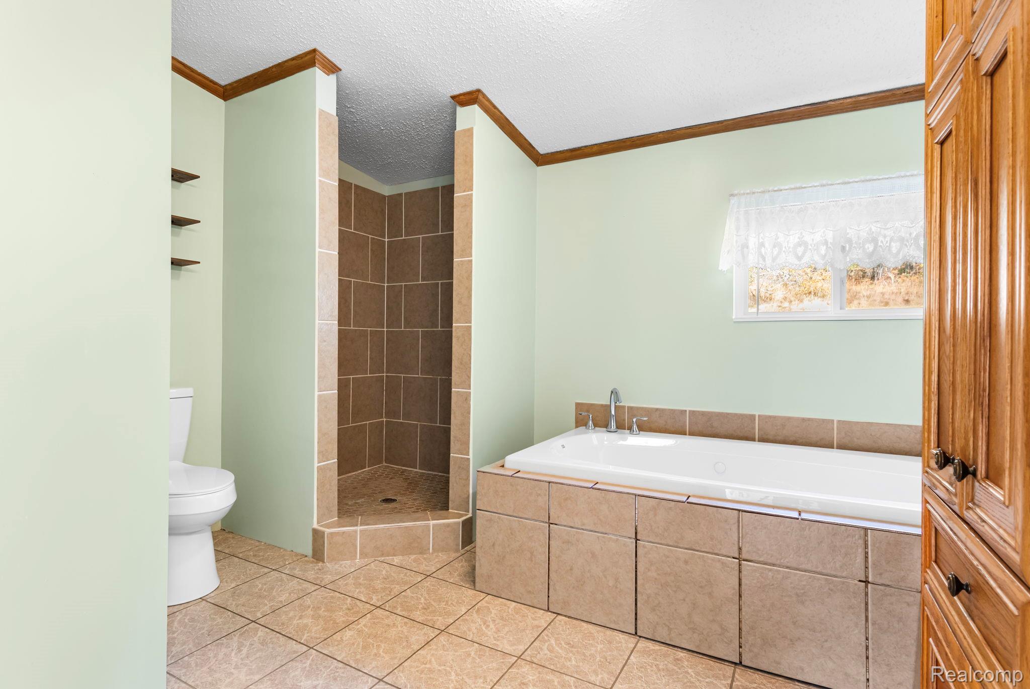 4884 Griffin Road Lewiston, MI 49756 - Photo 20 of 41 Floor-mounted toilet, walk-in shower with tile surround, built-in bathtub with tile surround, and wood-finish cabinetry