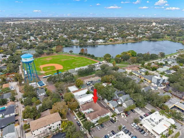 an aerial view of a houses with a lake