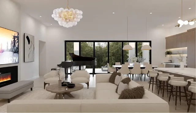 a living room with fireplace furniture and a large window