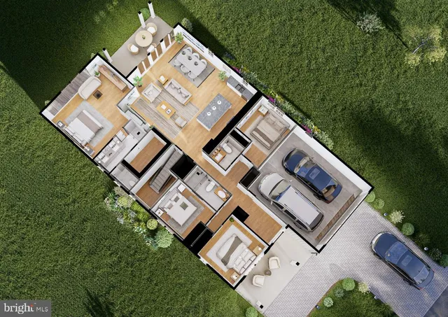 an aerial view of a house with a yard