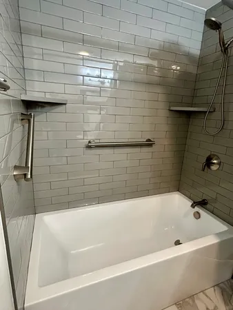 a bathroom with a bathtub