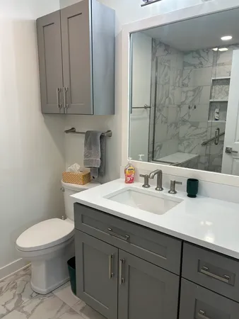 a bathroom with a sink a toilet and mirror