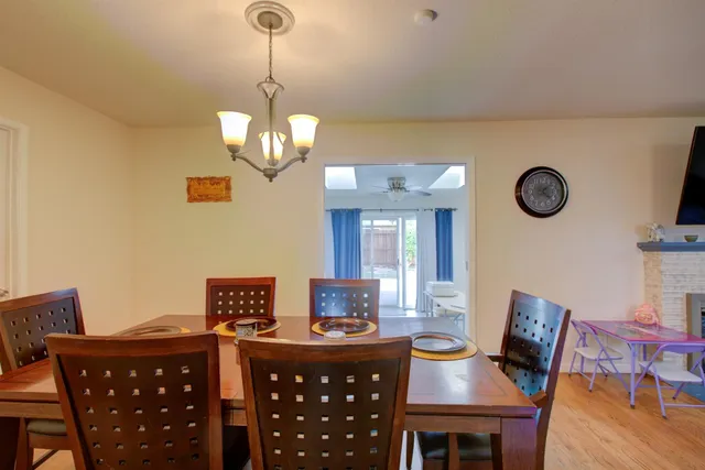 a view of a dining room with furniture