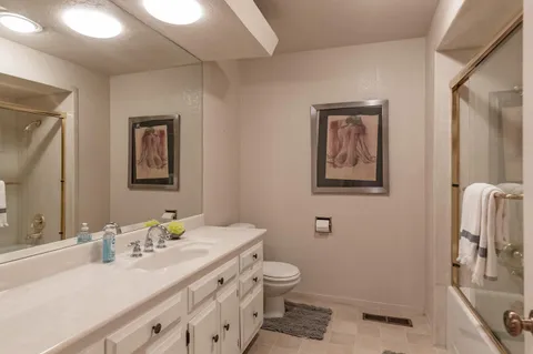 a bathroom with a sink a toilet and mirror