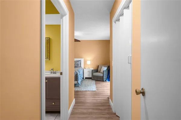 a view of a bathroom from the hallway