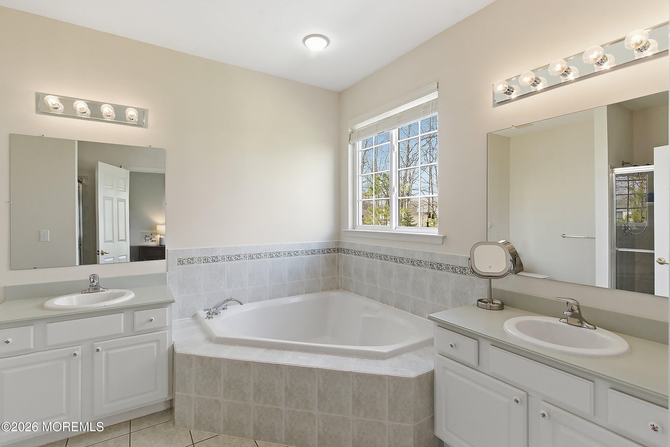 65 Mission Way Barnegat, NJ 08005 - Photo 21 of 51 a bathroom with 2 sink tub and a mirror