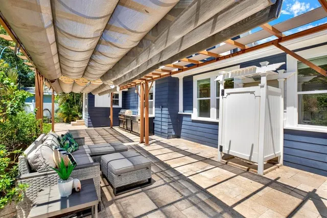 a building outdoor space with patio furniture