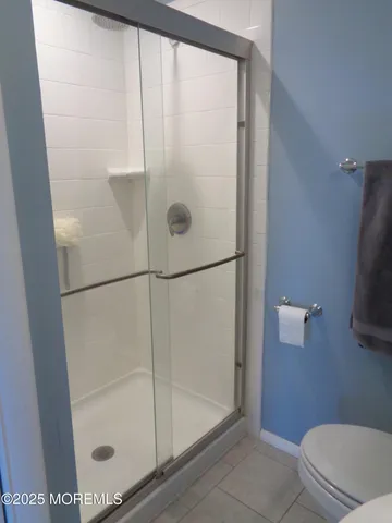 a bathroom with a shower and a toilet