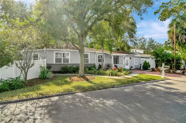 a view of a house with backyard and a tree