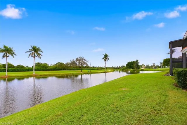 a view of a lake with a big yard and palm trees