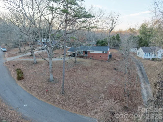 a view of a dry yard with trees