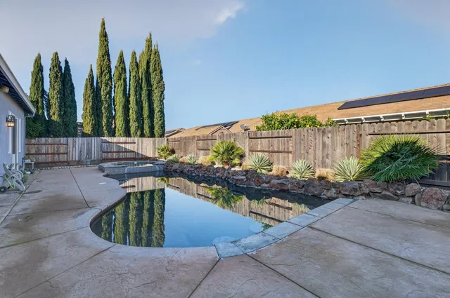 a view of a backyard with plants and outdoor seating