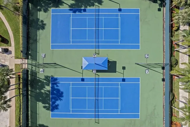 an outdoor space with furniture