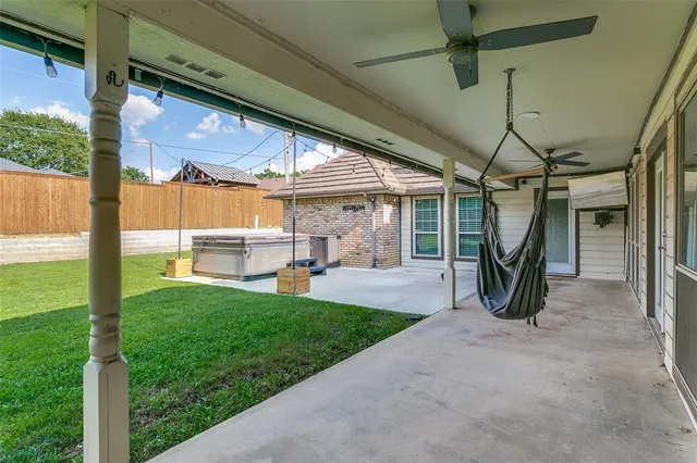 a view of a porch with seating space