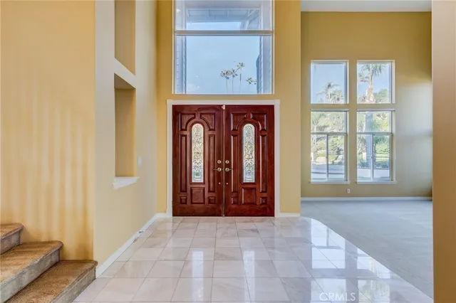 a view of a room with a large window