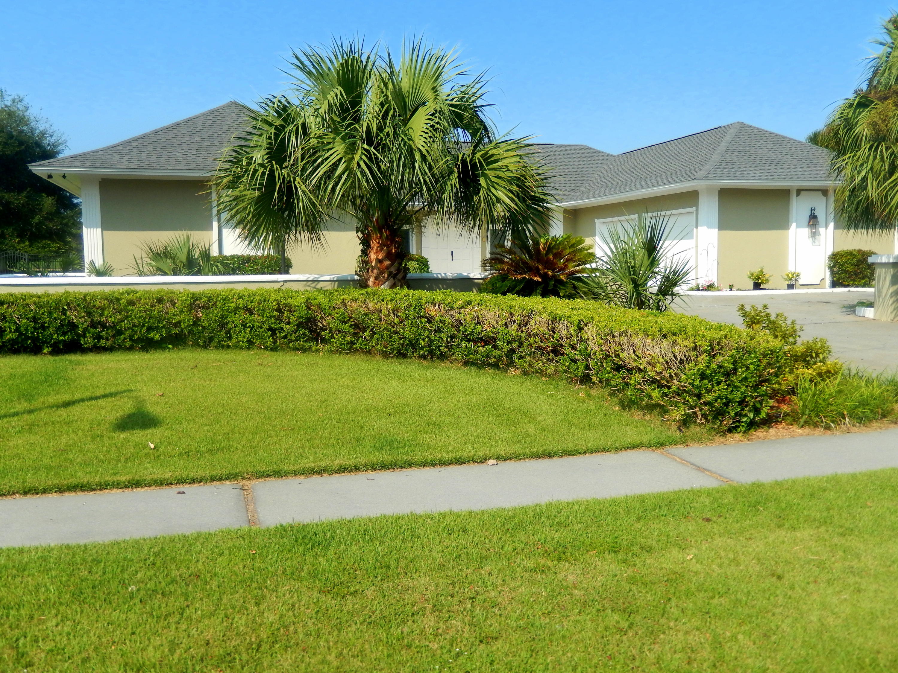 a front view of a house with a garden and yard