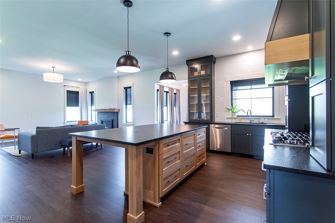 4197 Beach Road Medina, OH 44256 - Photo 9 of 35 Kitchen with a center island, sink, hanging light fixtures, stainless steel appliances, and dark hardwood / wood-style floors