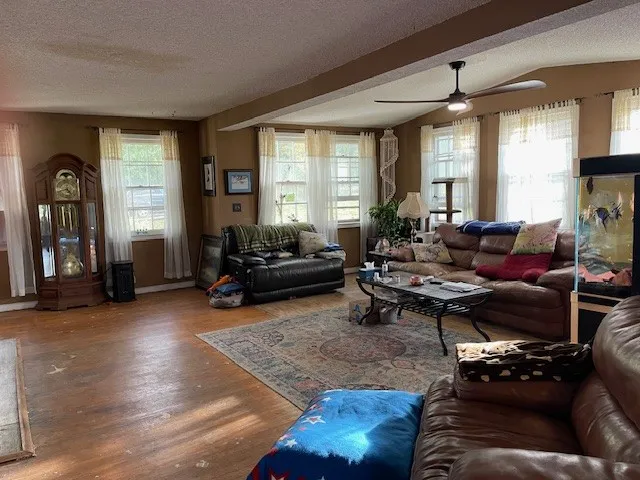 a living room with furniture and a fireplace