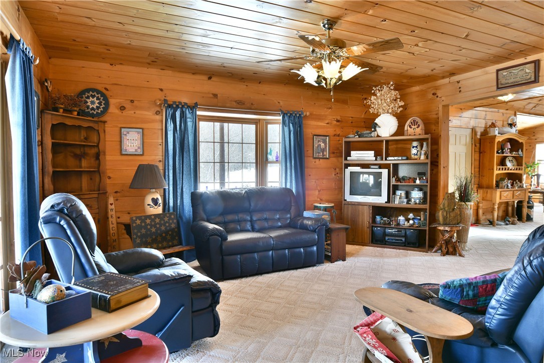 3339 Bushnell Campbell Road Fowler, OH 44418 - Photo 18 of 50 Living area featuring wood ceiling, light colored carpet, wood walls, and ceiling fan