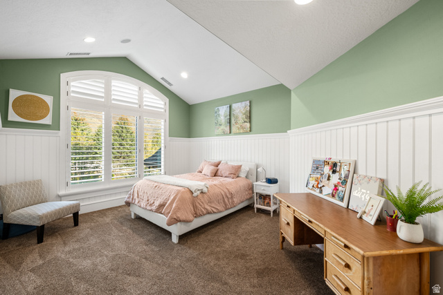 1205 North Elk Rdg Lane, Unit 202 Alpine, UT 84004 - Photo 64 of 88 Spacious room featuring vaulted ceilings, recessed lighting, arched window with plantation shutters, wainscoting, and carpeted flooring