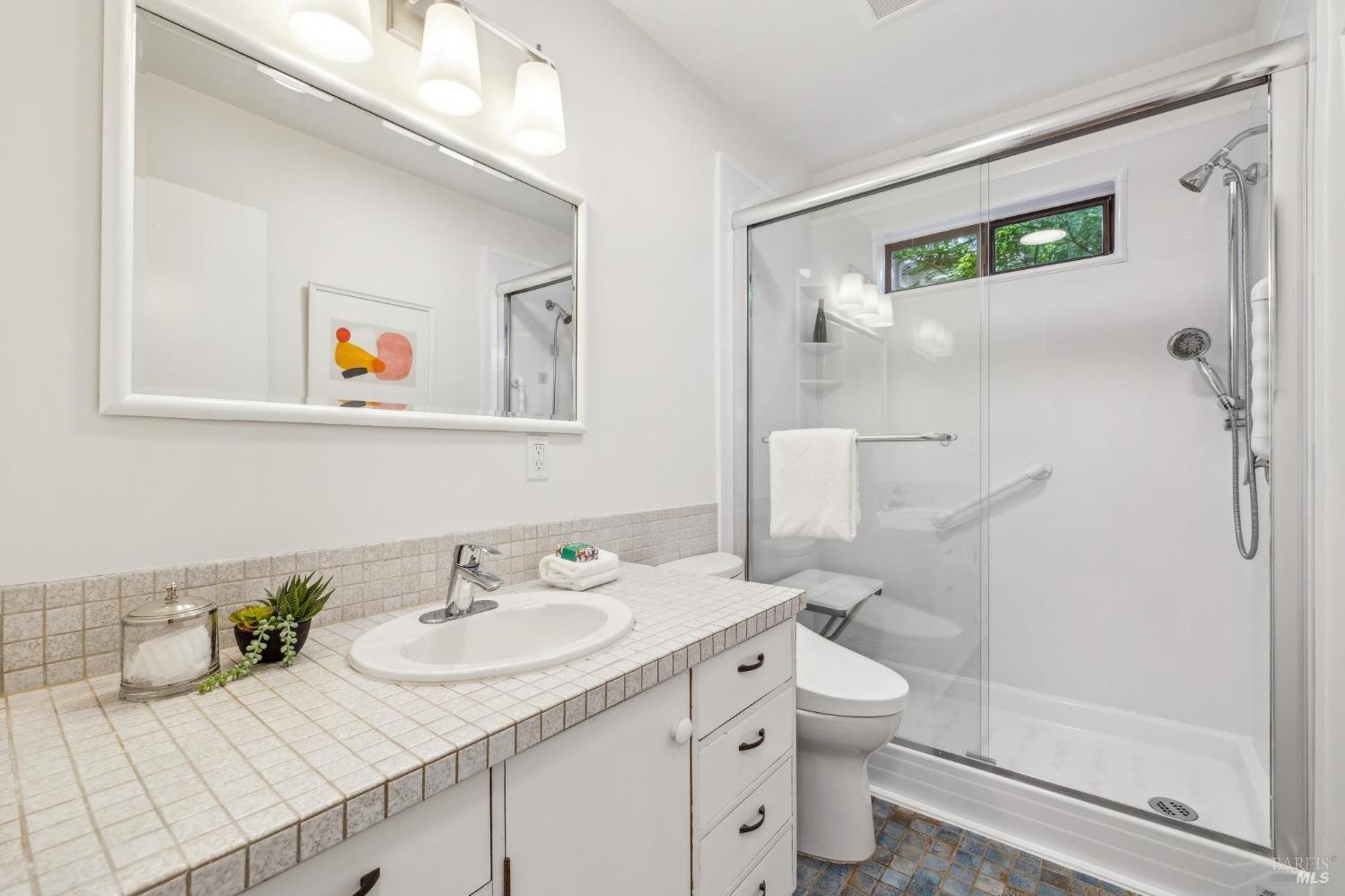 480 Live Oak Drive Mill Valley, CA 94941 - Photo 47 of 71 a bathroom with a granite countertop sink toilet and shower