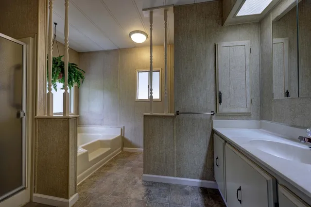 a bathroom with a sink and mirror