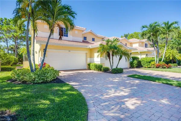 a palm tree sitting in front of a house with a yard
