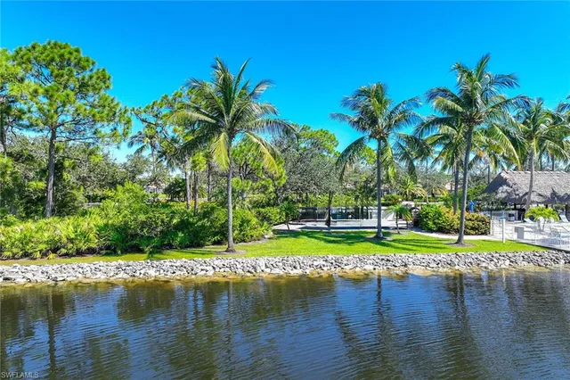 a view of swimming pool with a yard and palm trees