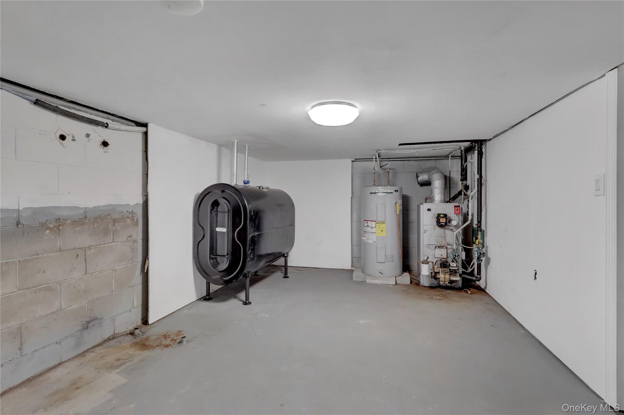 57 Middle Island Road Medford, NY 11763 - Photo 21 of 27 Below grade area with heating fuel, electric water heater, and concrete block wall
