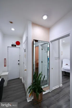 a hallway with wooden floor and a potted plant