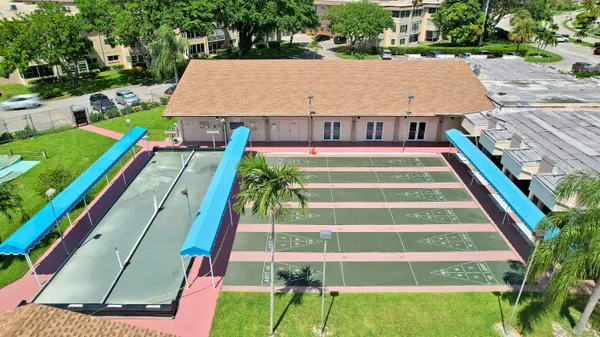 a view of an outdoor space with a swimming pool