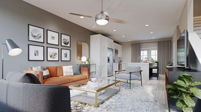 a living room with fireplace furniture and a flat screen tv